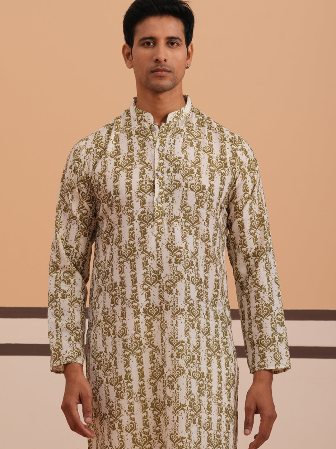 Olive Ethnic Printed Kurta For Men