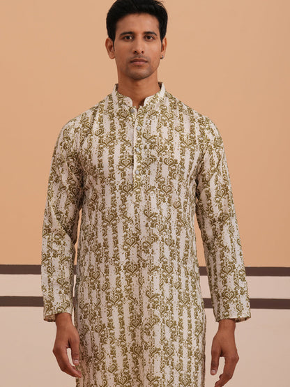 Olive Ethnic Printed Kurta For Men