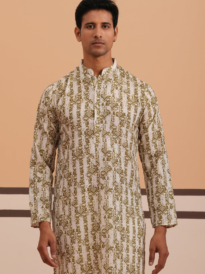 Olive Ethnic Printed Kurta For Men