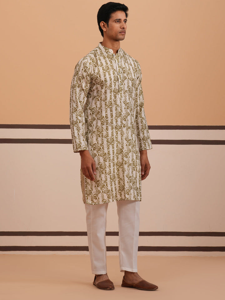 Olive Ethnic Printed Kurta For Men
