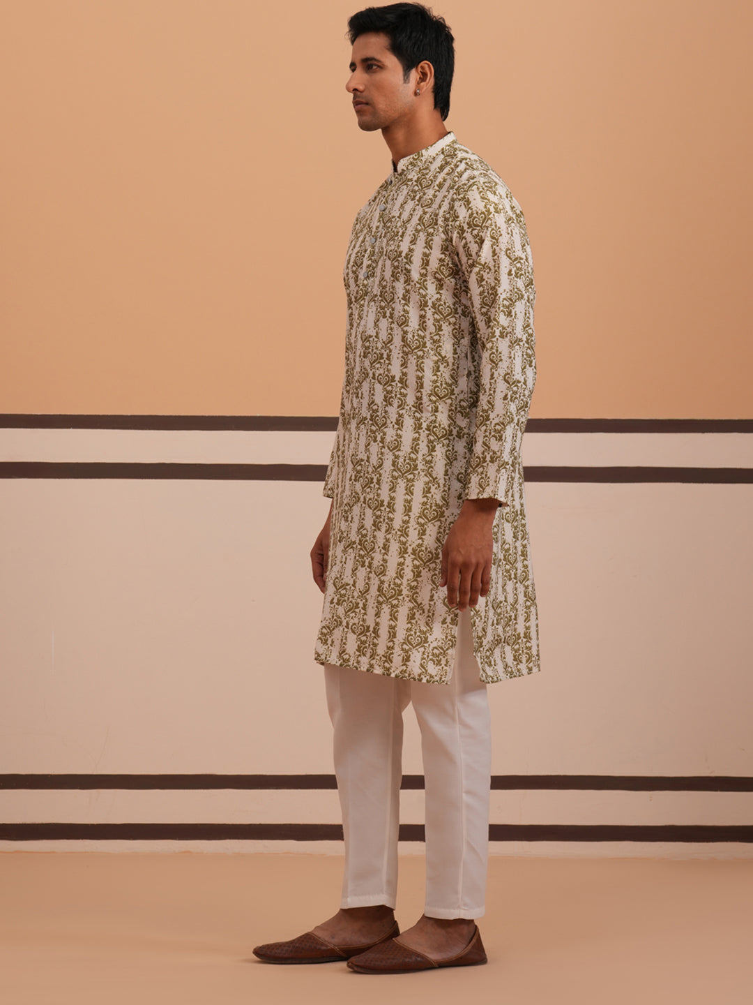 Olive Ethnic Printed Kurta For Men