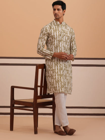 Olive Ethnic Printed Kurta For Men