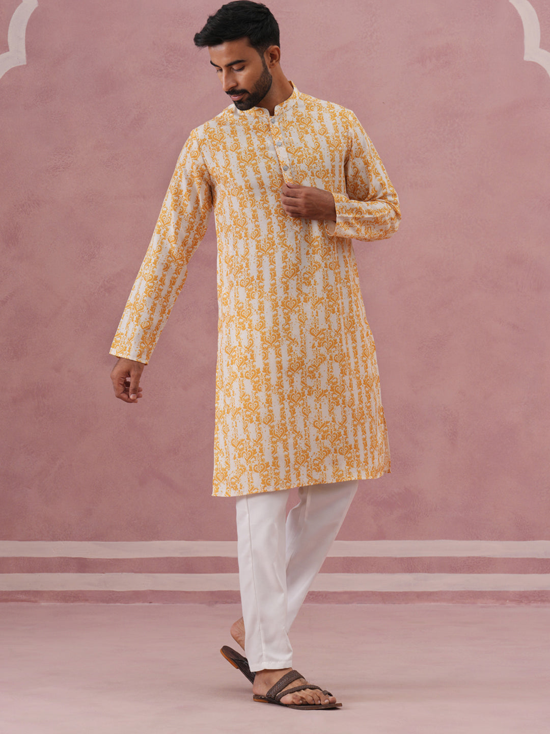 Yellow Ethnic Printed Kurta For Men