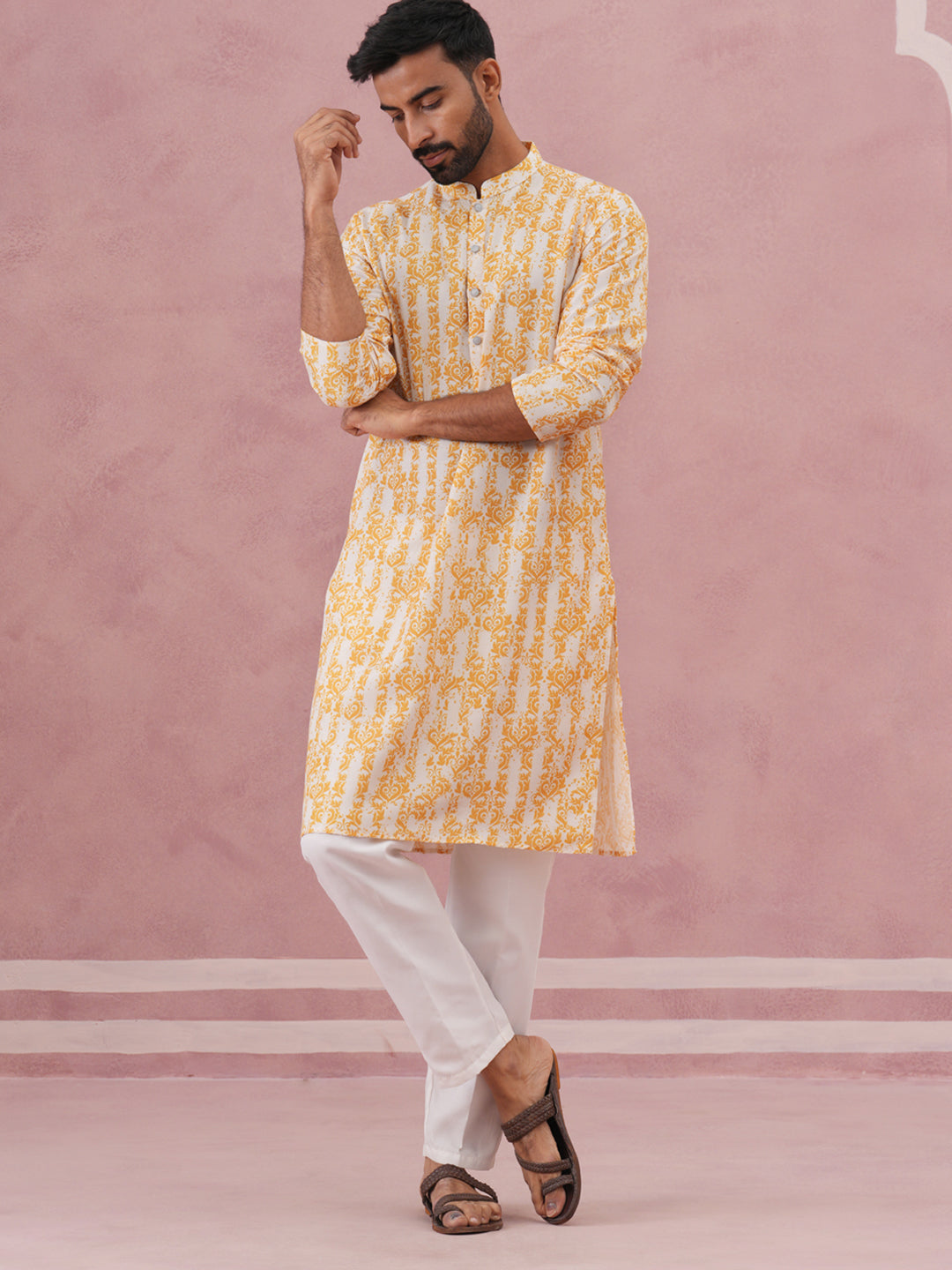 Yellow Ethnic Printed Kurta For Men
