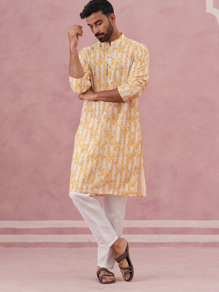 Yellow Ethnic Printed Kurta For Men