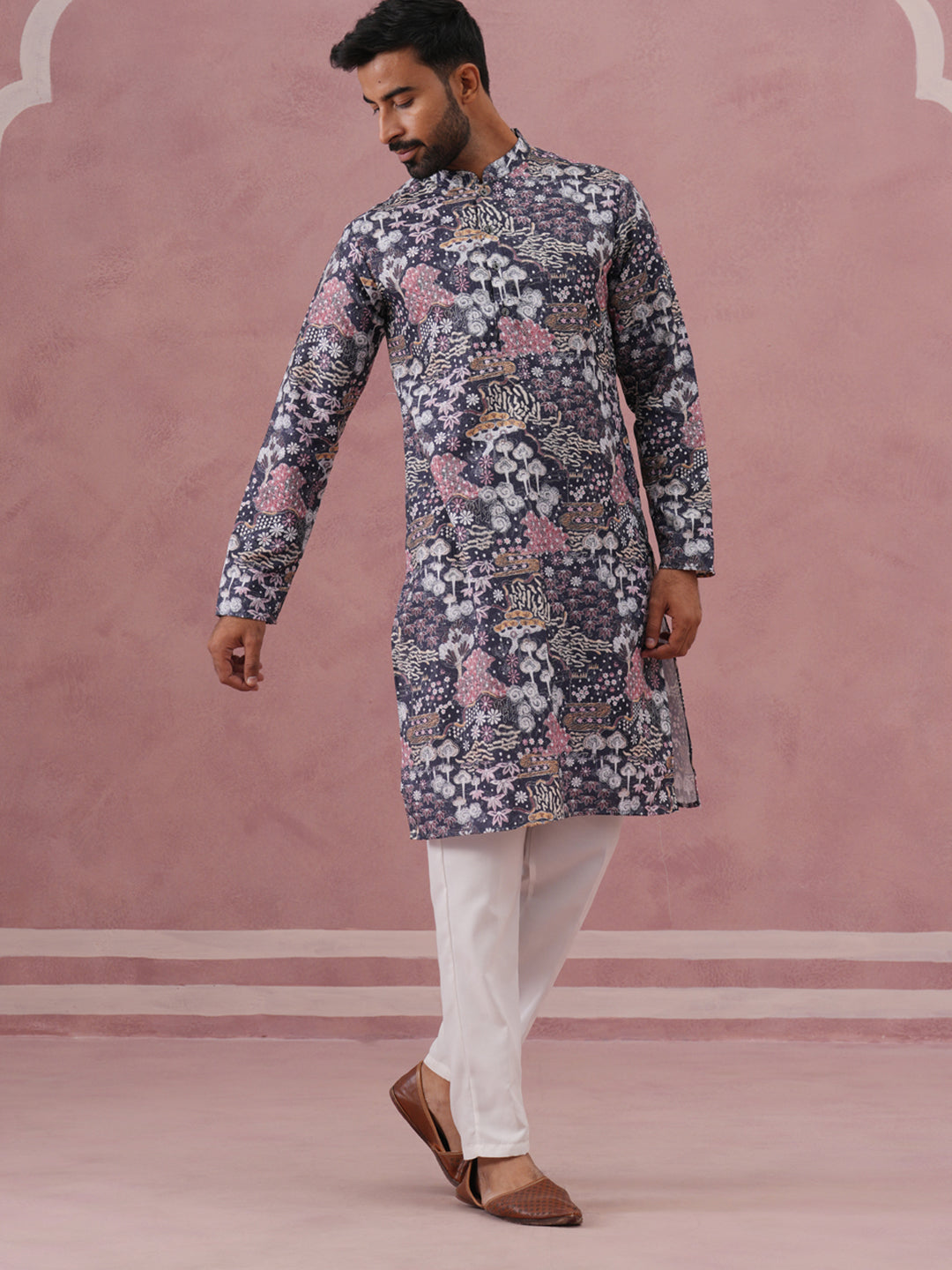 Men’S Printed Cotton Blend Kurta Pyjama