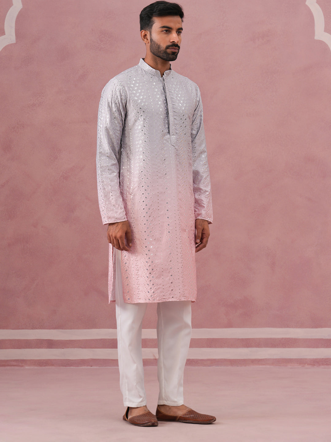 Ombre Silk Blend Kurta Pyjama Set With Sequin Work