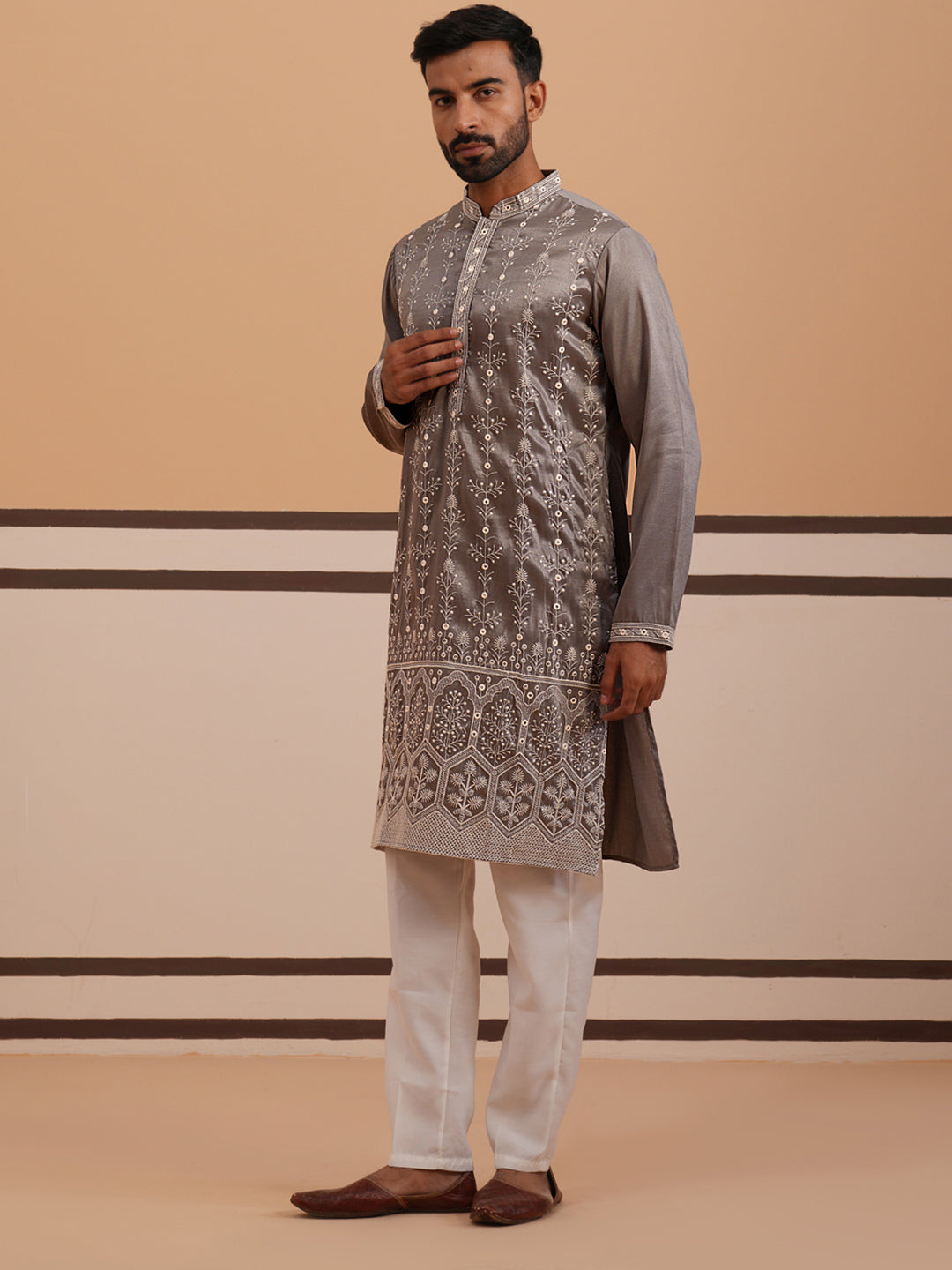 Festive Silk Blend Kurta Pyjama With Sequins Work