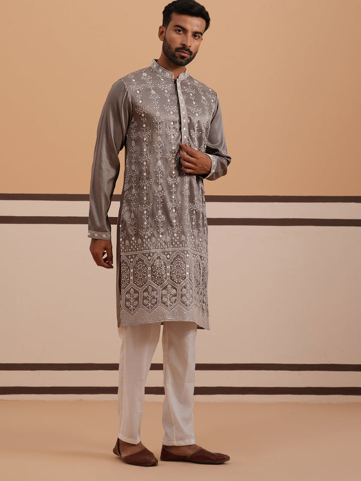 Festive Silk Blend Kurta Pyjama With Sequins Work