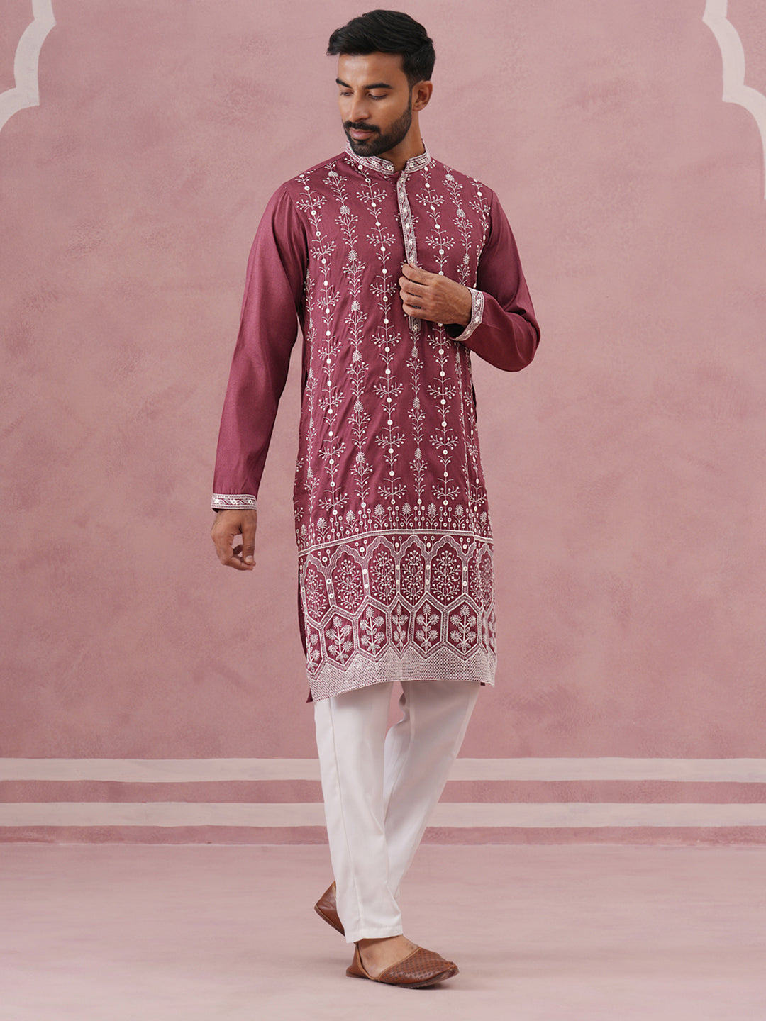 Festive Silk Blend Kurta Pyjama With Sequins Work