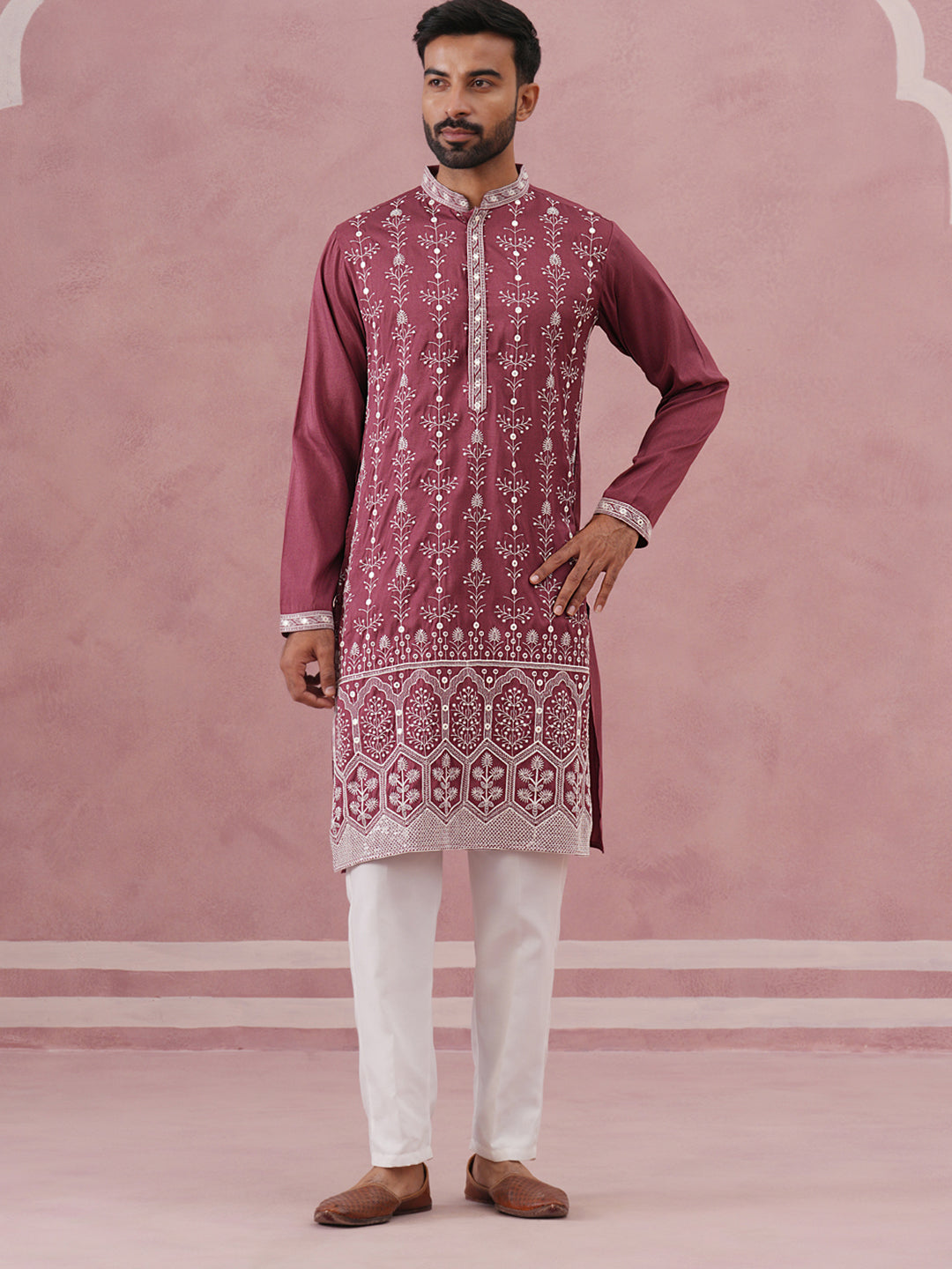 Festive Silk Blend Kurta Pyjama With Sequins Work