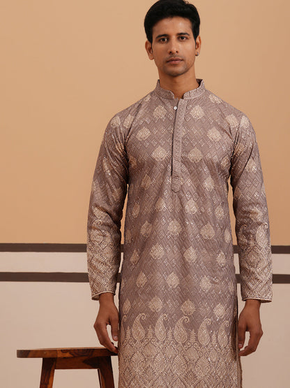 Embroidered Cotton-Blend Kurta Pyjama With Paisley Design