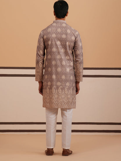 Embroidered Cotton-Blend Kurta Pyjama With Paisley Design