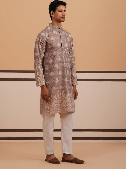 Embroidered Cotton-Blend Kurta Pyjama With Paisley Design