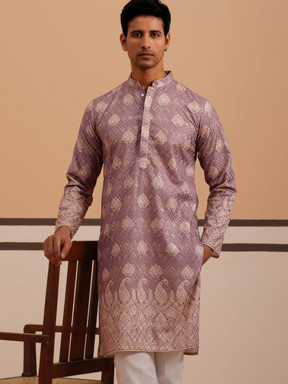 Embroidered Cotton-Blend Kurta Pyjama With Paisley Design