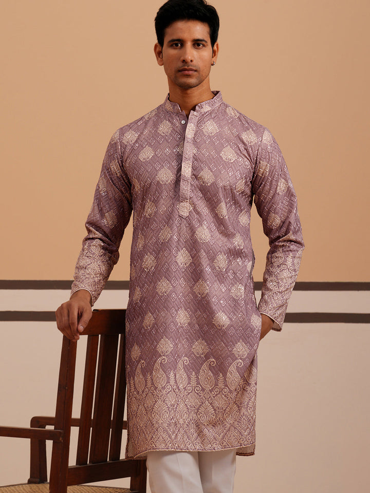 Embroidered Cotton-Blend Kurta Pyjama With Paisley Design