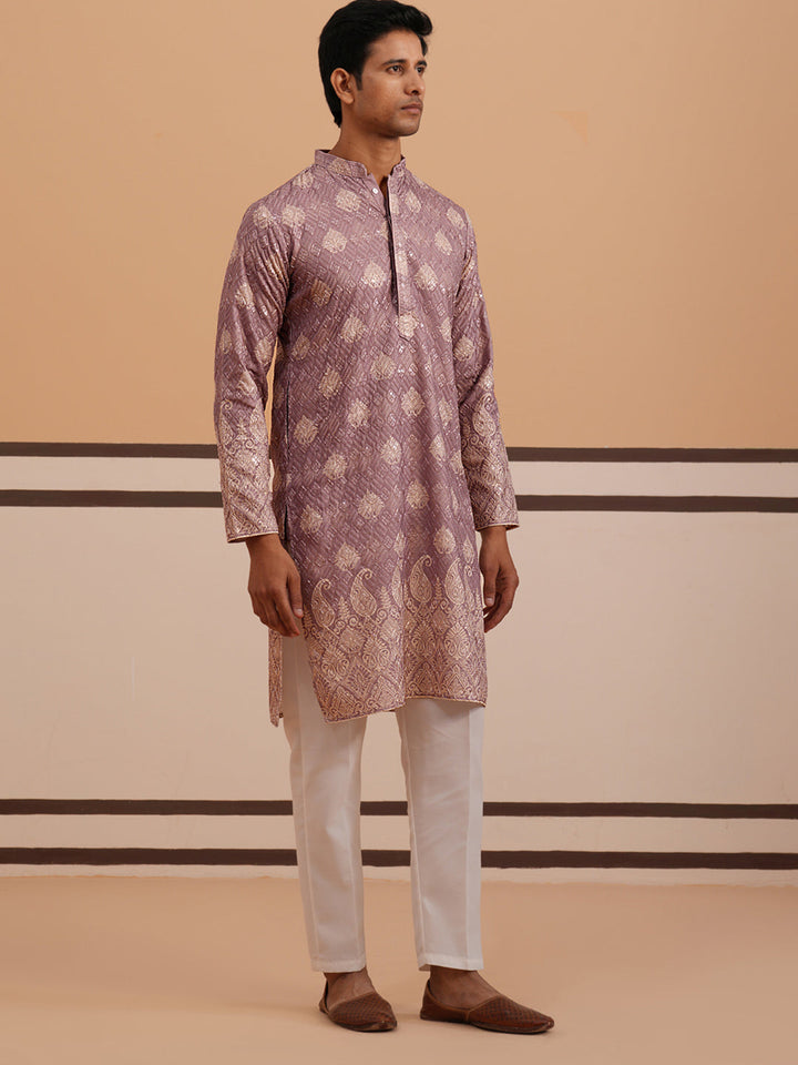 Embroidered Cotton-Blend Kurta Pyjama With Paisley Design