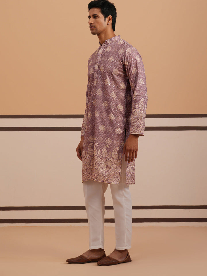 Embroidered Cotton-Blend Kurta Pyjama With Paisley Design