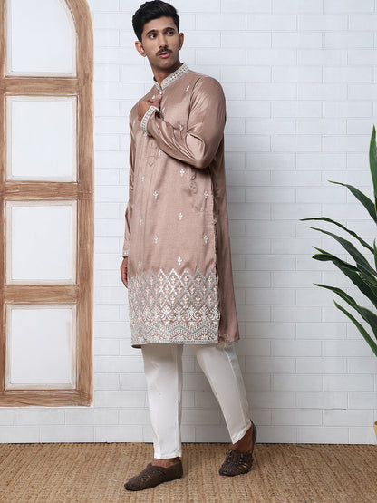 Traditional Silk-Blend Kurta Pyjama With Embroidery