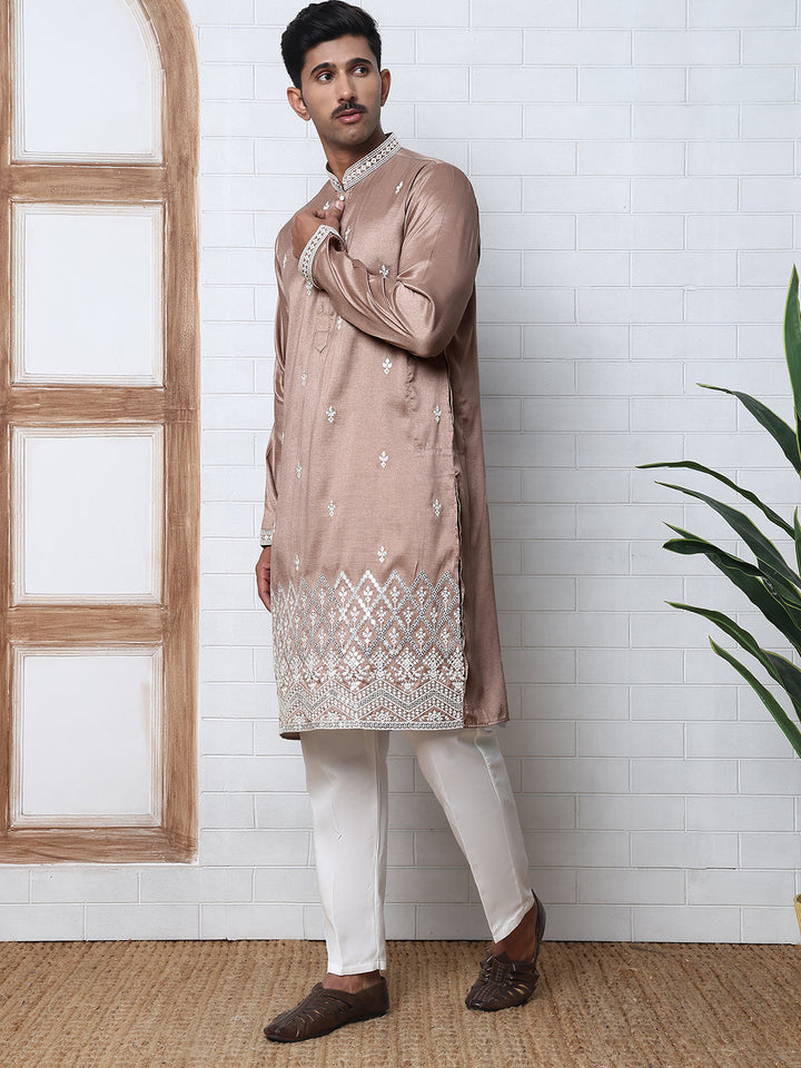 Traditional Silk-Blend Kurta Pyjama With Embroidery