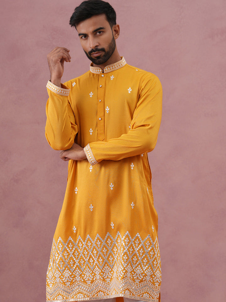 Traditional Silk-Blend Kurta Pyjama With Embroidery