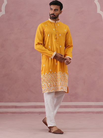 Traditional Silk-Blend Kurta Pyjama With Embroidery