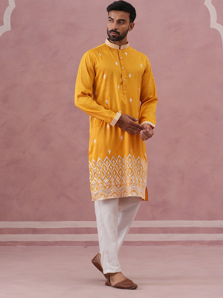 Traditional Silk-Blend Kurta Pyjama With Embroidery