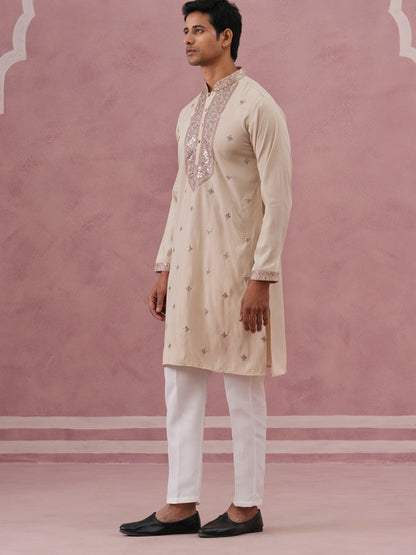 Silk Blend Embroidered Kurta Pyjama Set For Men