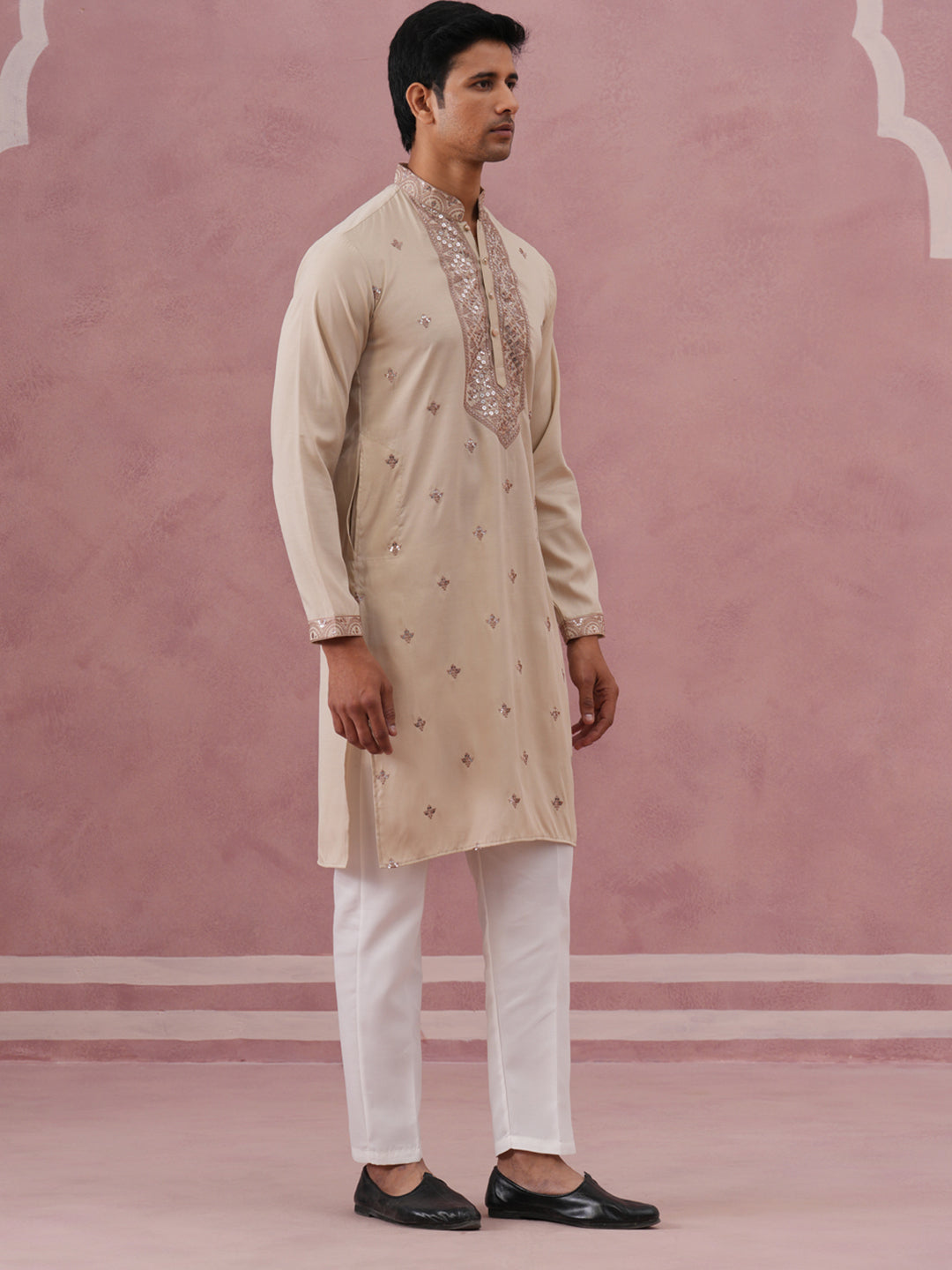 Silk Blend Embroidered Kurta Pyjama Set For Men