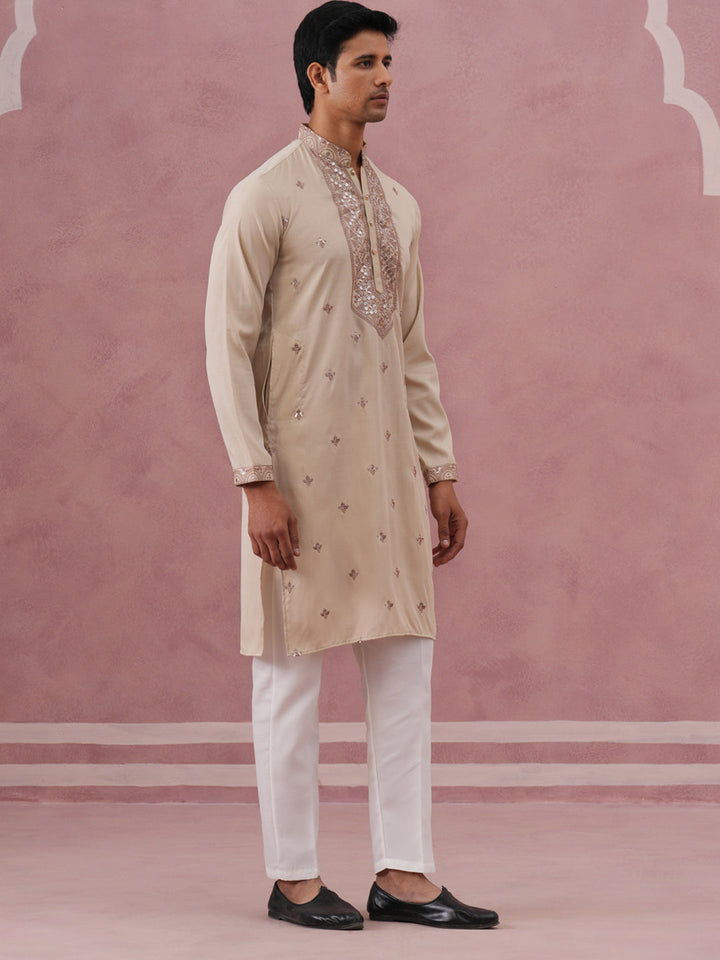 Silk Blend Embroidered Kurta Pyjama Set For Men