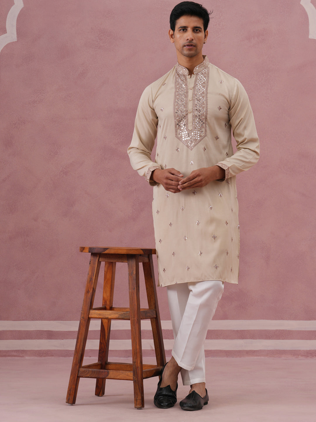 Silk Blend Embroidered Kurta Pyjama Set For Men