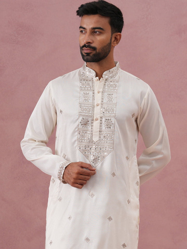 Silk Blend Embroidered Kurta Pyjama Set For Men