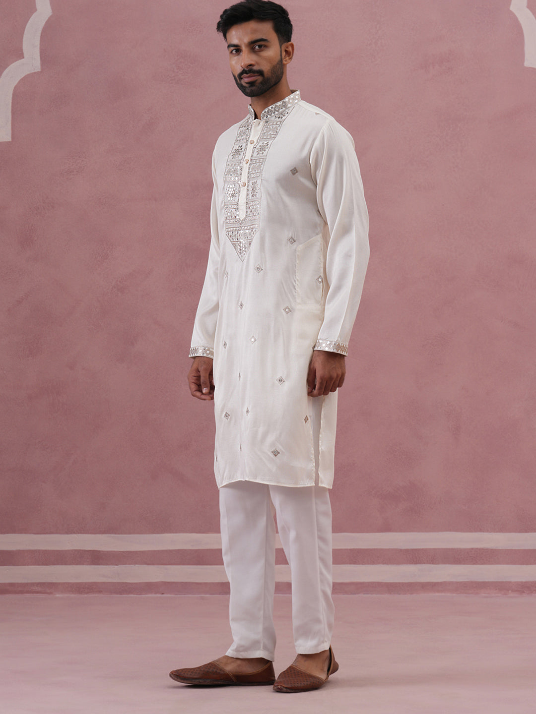 Silk Blend Embroidered Kurta Pyjama Set For Men