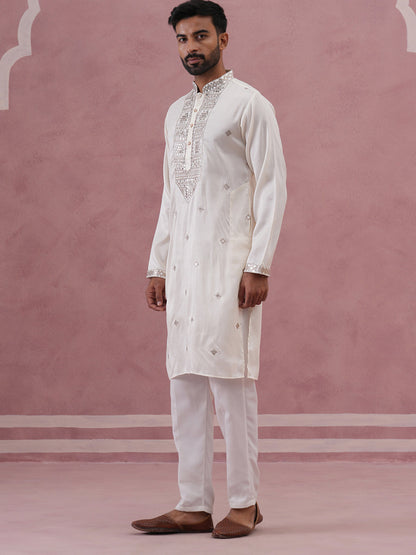 Silk Blend Embroidered Kurta Pyjama Set For Men