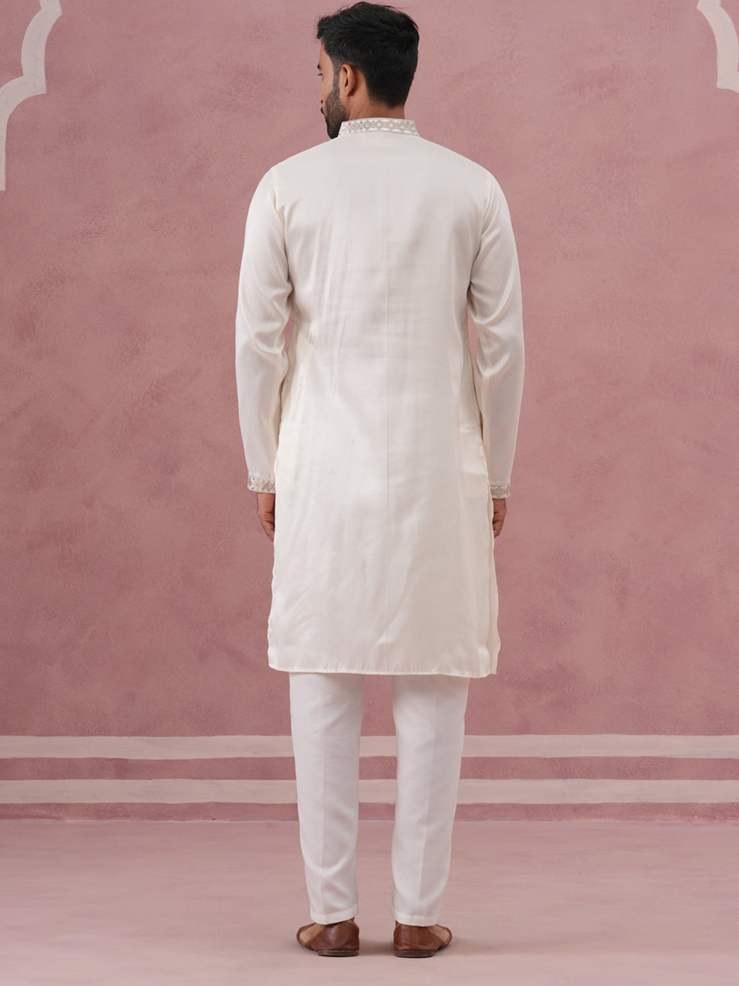Silk Blend Embroidered Kurta Pyjama Set For Men
