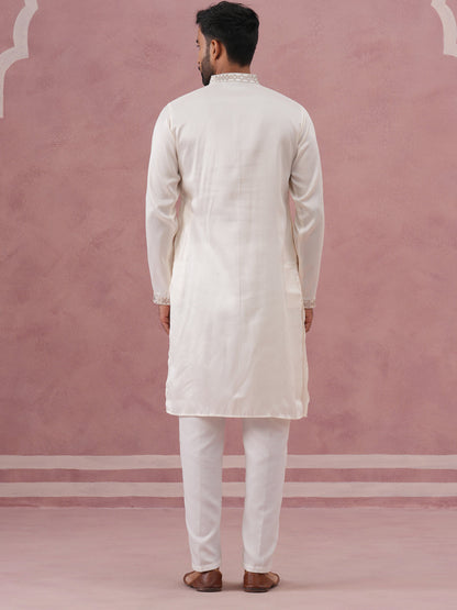 Silk Blend Embroidered Kurta Pyjama Set For Men