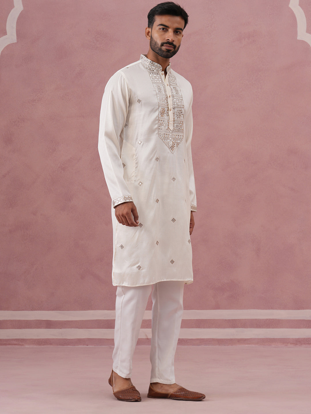 Silk Blend Embroidered Kurta Pyjama Set For Men