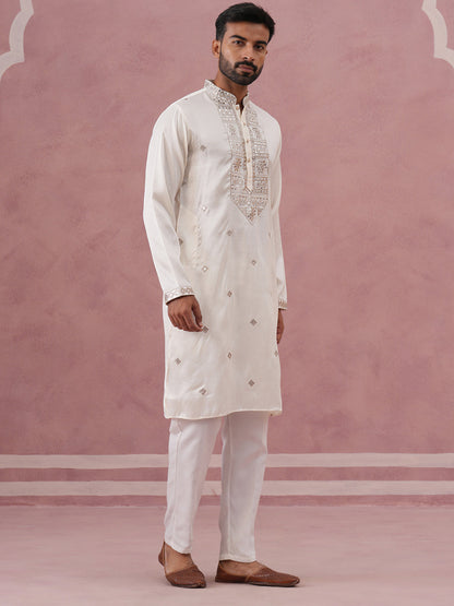 Silk Blend Embroidered Kurta Pyjama Set For Men