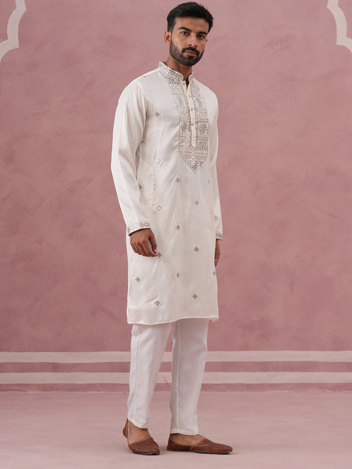 Silk Blend Embroidered Kurta Pyjama Set For Men