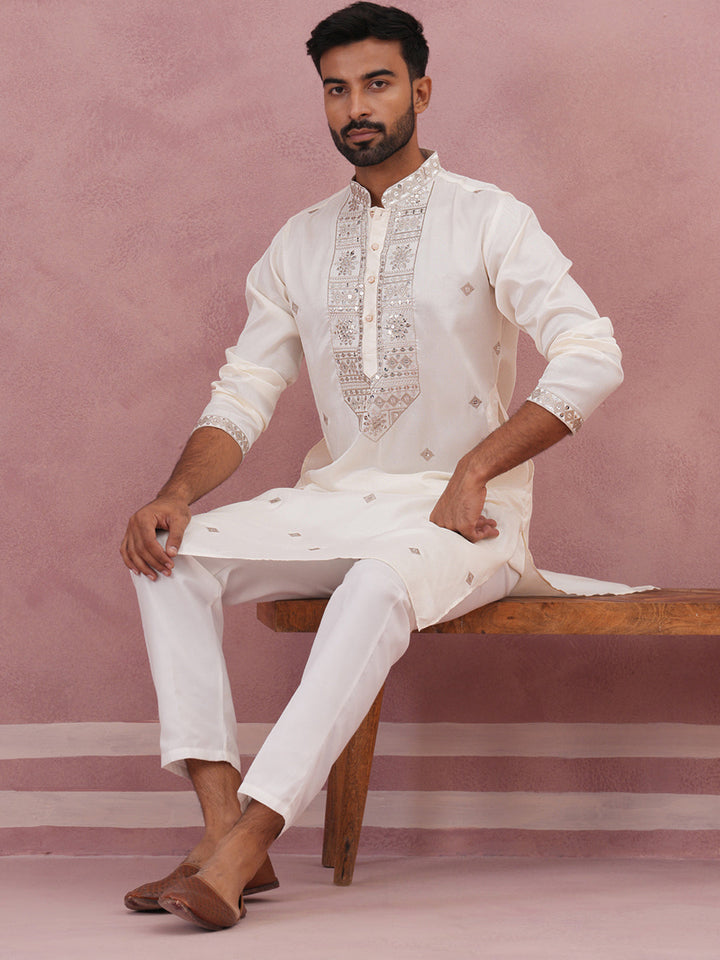 Silk Blend Embroidered Kurta Pyjama Set For Men