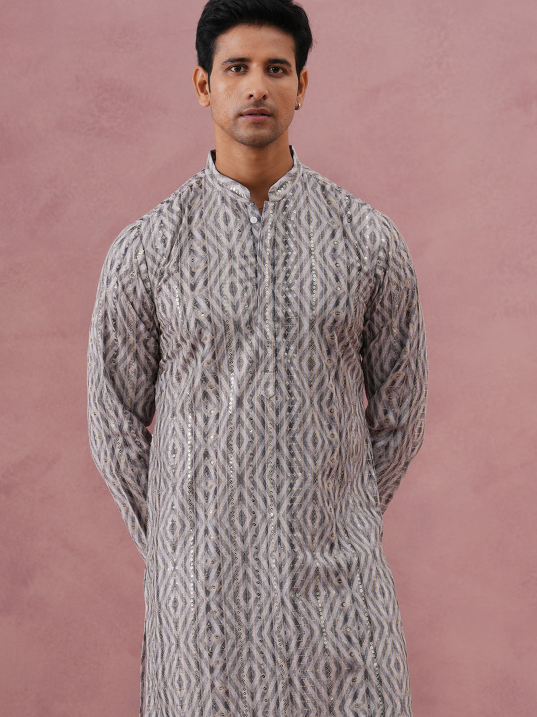 Grey Geometric Print & Sequin Kurta Set