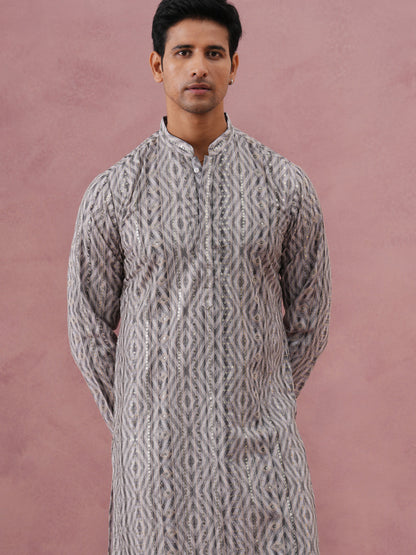 Grey Geometric Print & Sequin Kurta Set