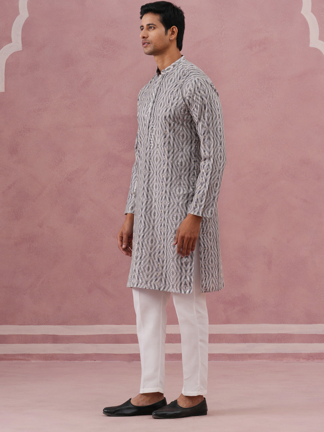 Grey Geometric Print & Sequin Kurta Set