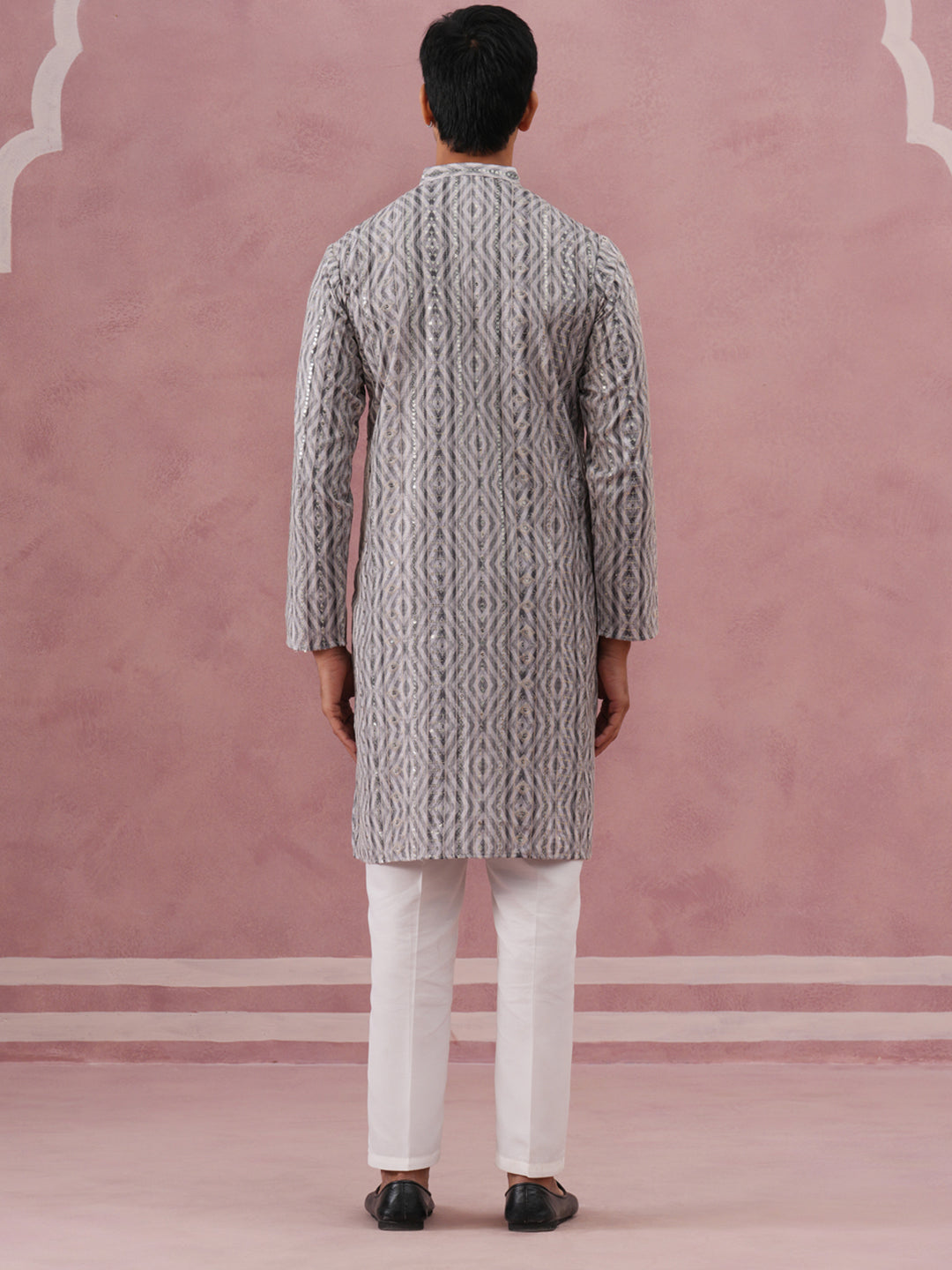Grey Geometric Print & Sequin Kurta Set