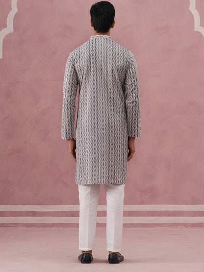 Grey Geometric Print & Sequin Kurta Set