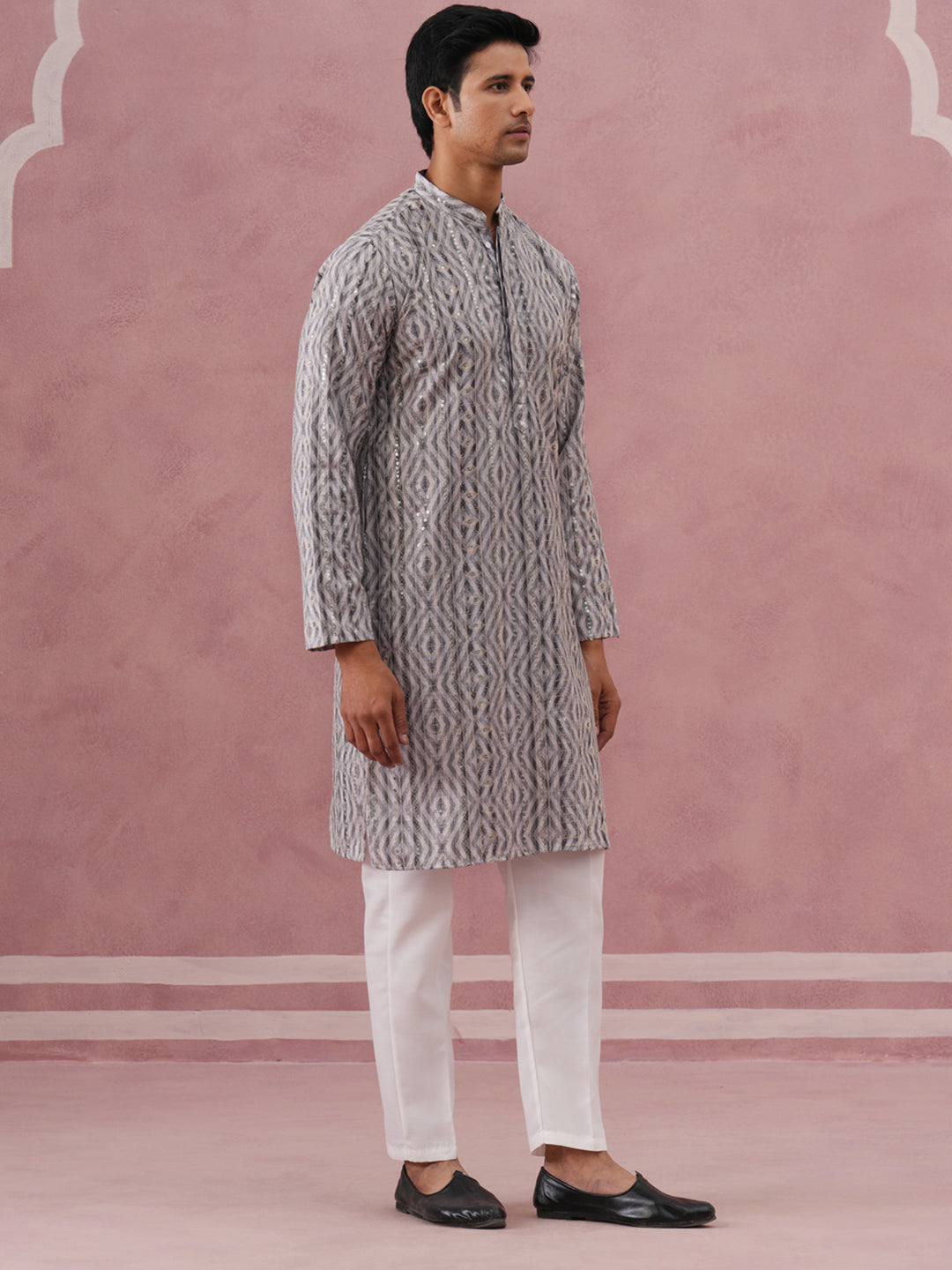 Grey Geometric Print & Sequin Kurta Set