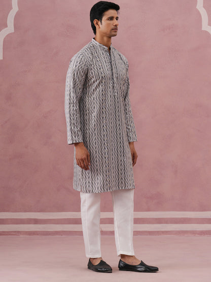 Grey Geometric Print & Sequin Kurta Set