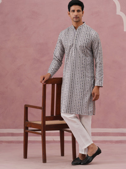 Grey Geometric Print & Sequin Kurta Set