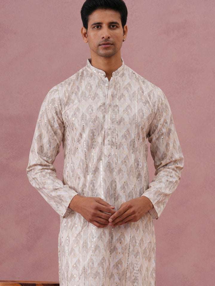 Peach Geometric Print &amp; Sequin Kurta Set