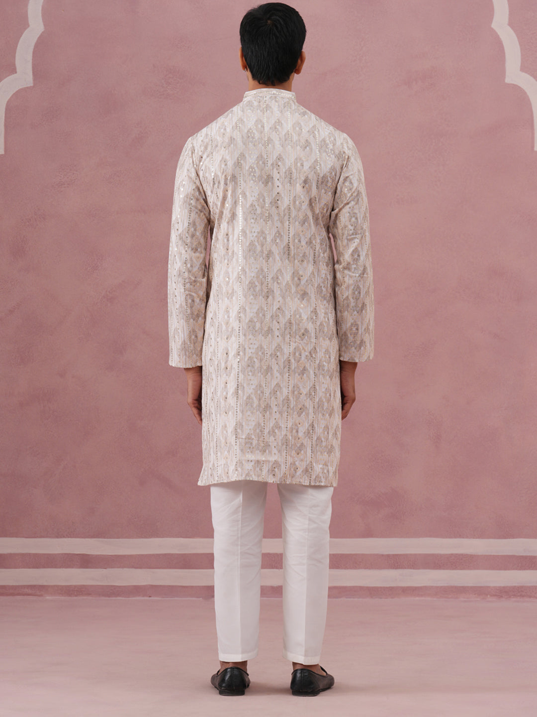 Peach Geometric Print &amp; Sequin Kurta Set